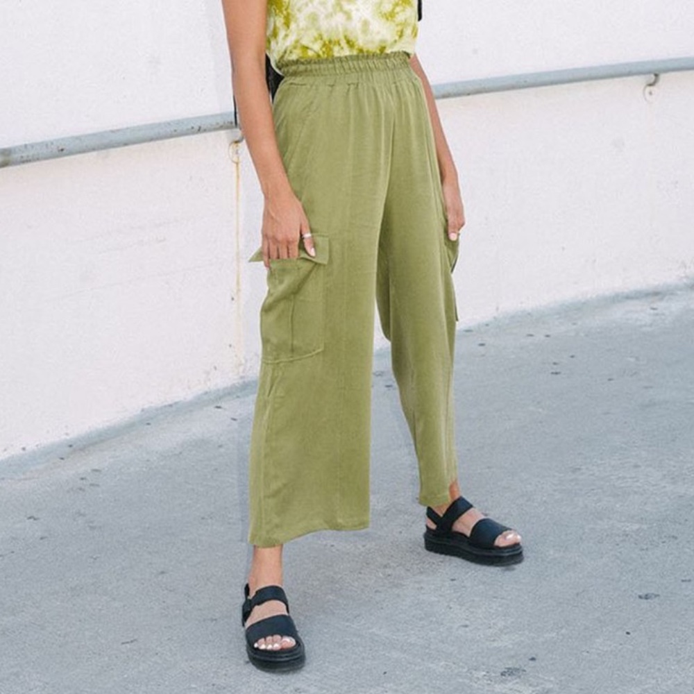 Back Beat Co Tencel Twill Lounge Wide Leg Cargo Pants Avocado Green Baggy-XS - Picture 1 of 10